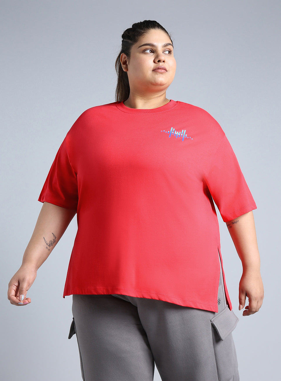 Women's Red Printed Oversized Fit Plus Size T-shirt