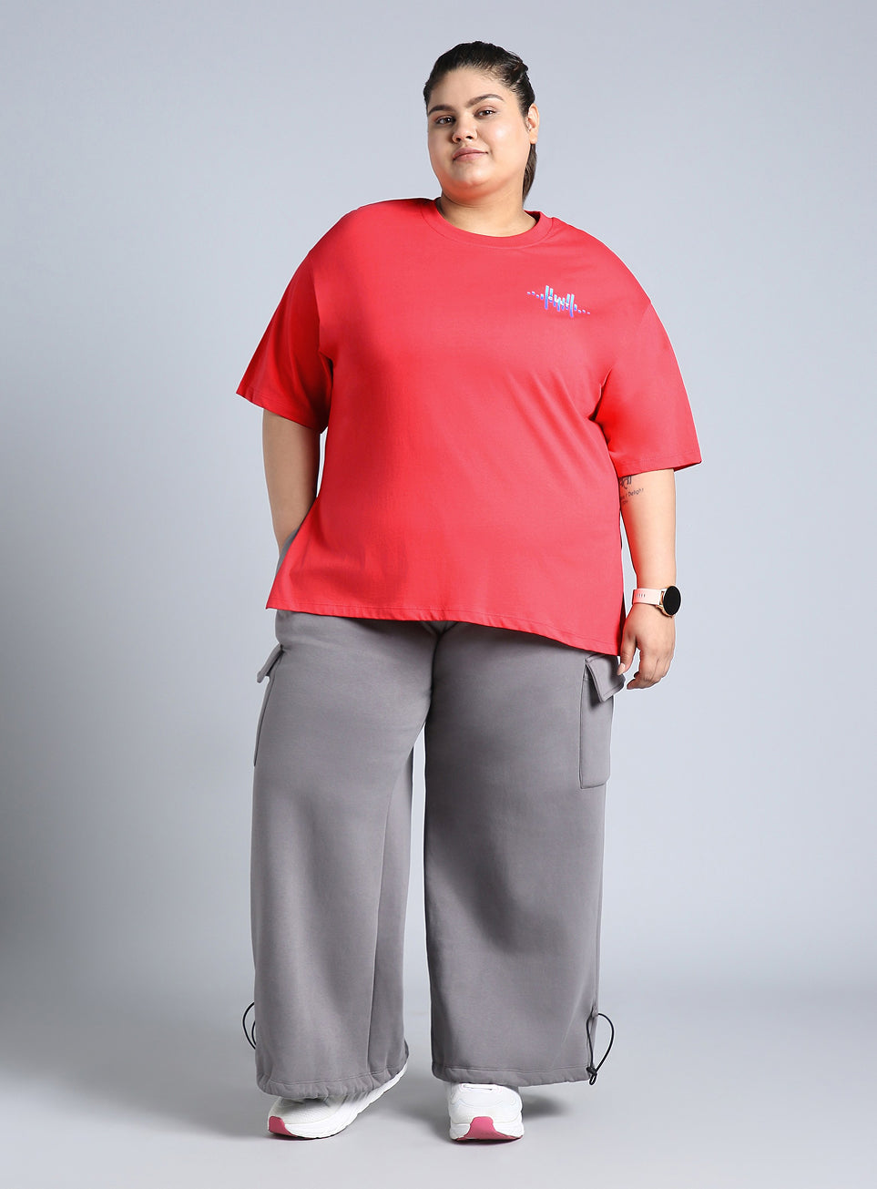 Women's Red Printed Oversized Fit Plus Size T-shirt