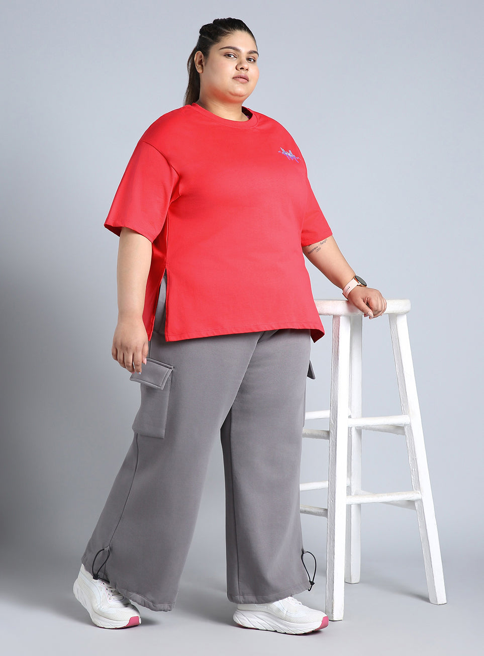 Women's Red Printed Oversized Fit Plus Size T-shirt