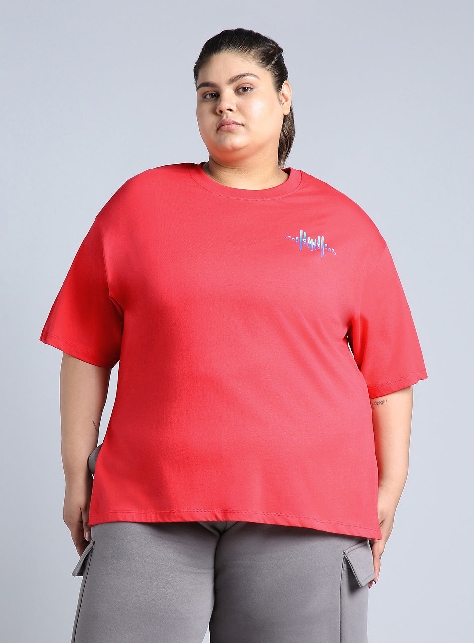Women's Red Printed Oversized Fit Plus Size T-shirt