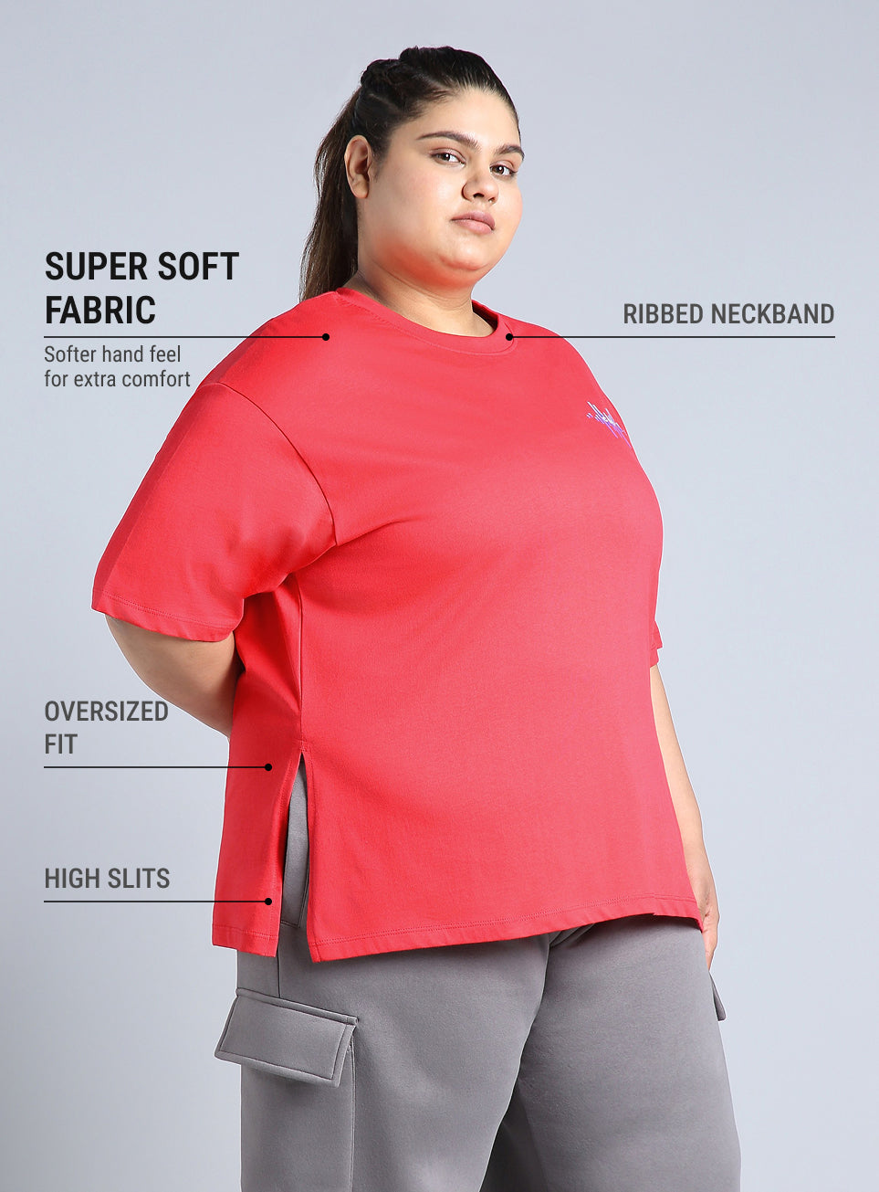 Women's Red Printed Oversized Fit Plus Size T-shirt
