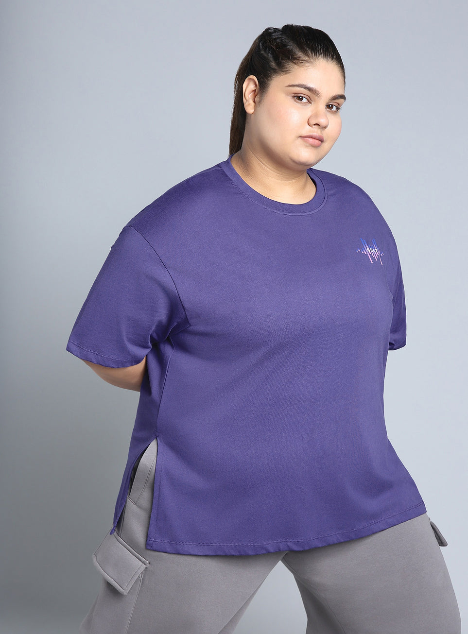 Women's Blue Printed Oversized Fit Plus Size T-shirt