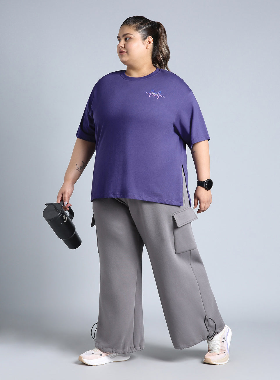 Women's Blue Printed Oversized Fit Plus Size T-shirt