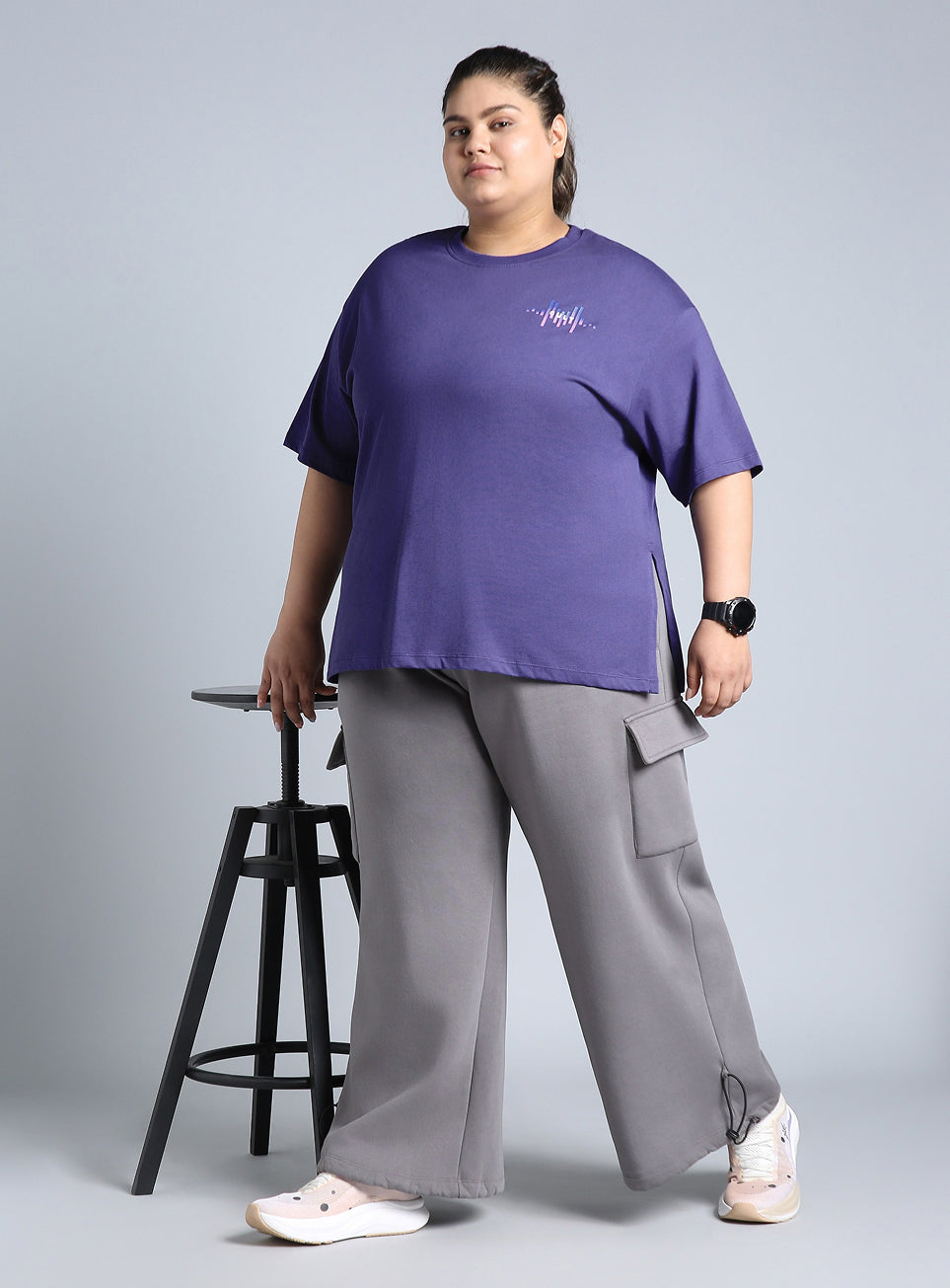 Women's Blue Printed Oversized Fit Plus Size T-shirt