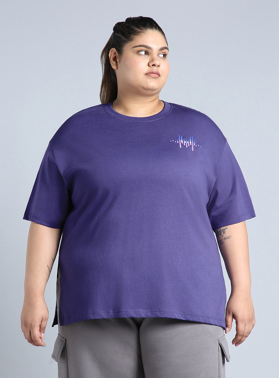 Women's Blue Printed Oversized Fit Plus Size T-shirt