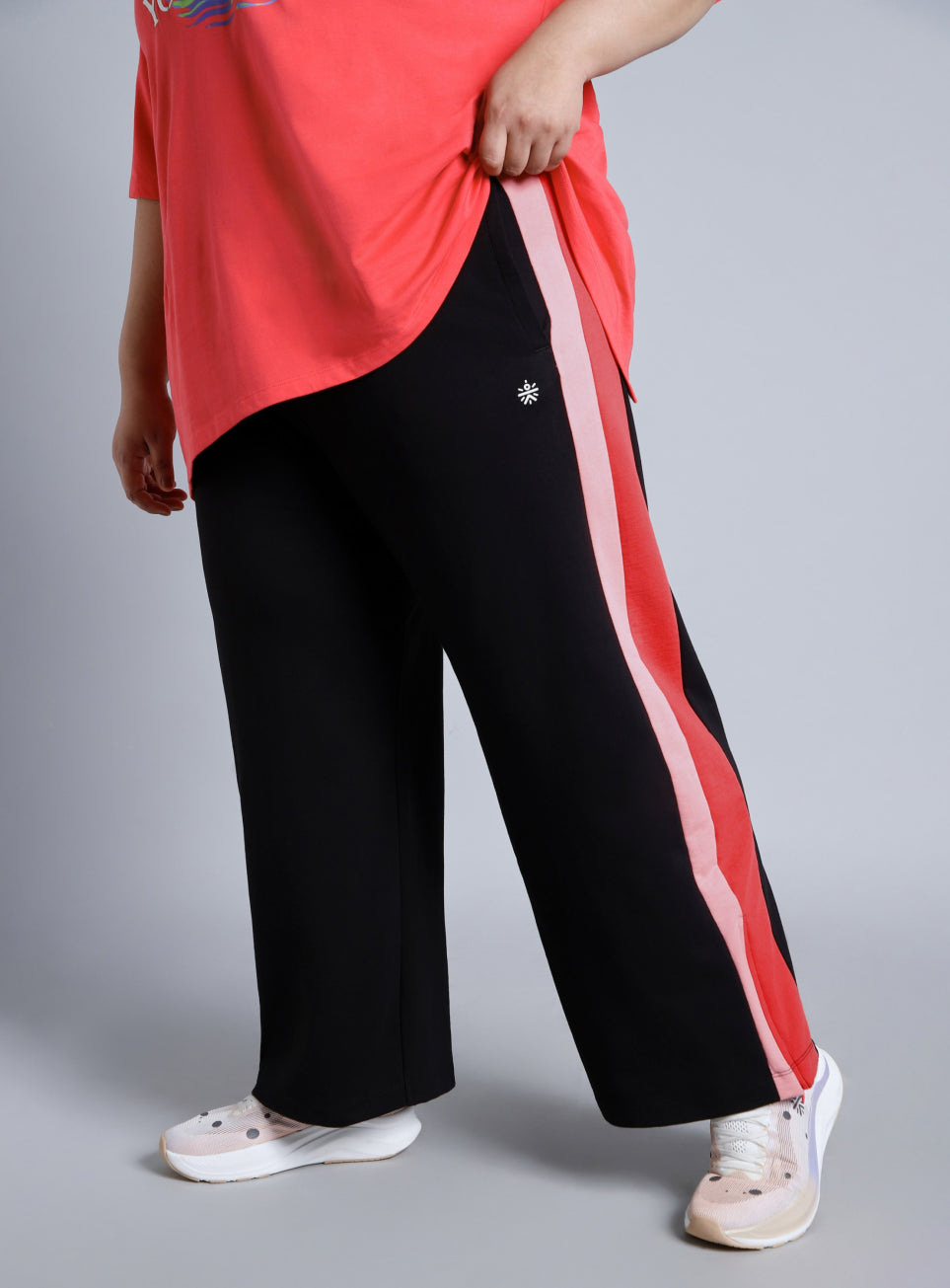Women's Black High Slit Straight Fit Plus Size Trackpants