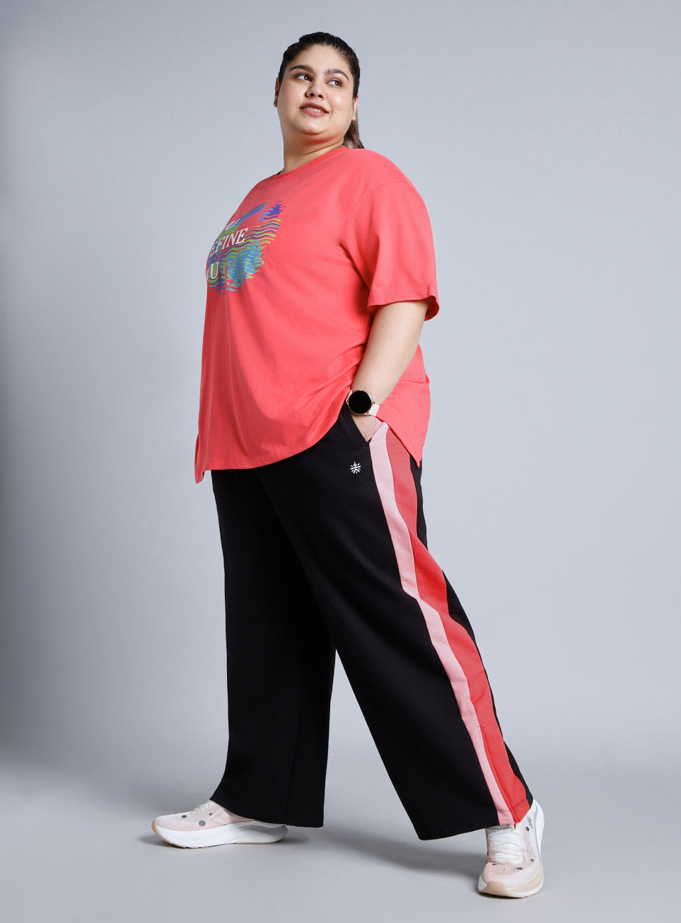 Women's Black High Slit Straight Fit Plus Size Trackpants