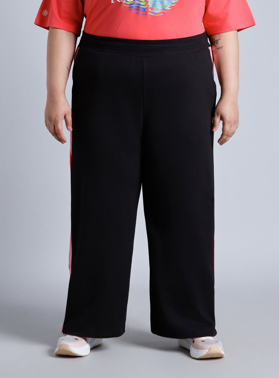 Women's Black High Slit Straight Fit Plus Size Trackpants