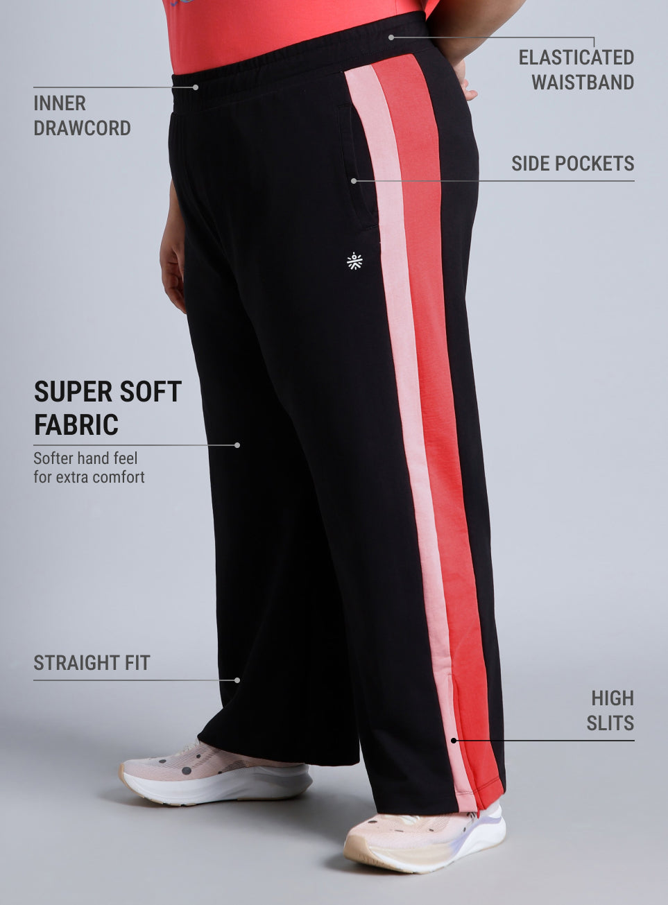 Women's Black High Slit Straight Fit Plus Size Trackpants