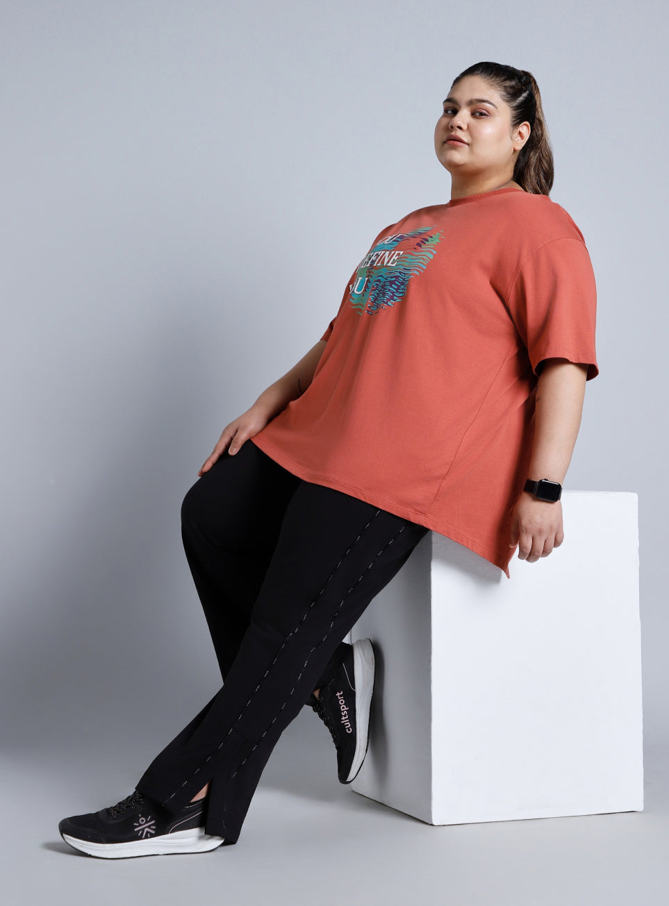 Women's Black Panelled Straight Fit Plus Size Trackpants