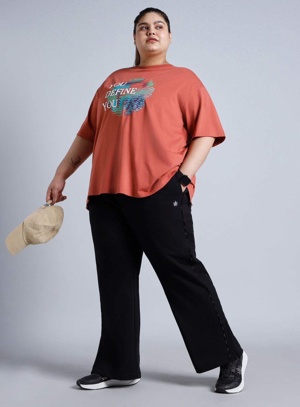 Women's Black Panelled Straight Fit Plus Size Trackpants