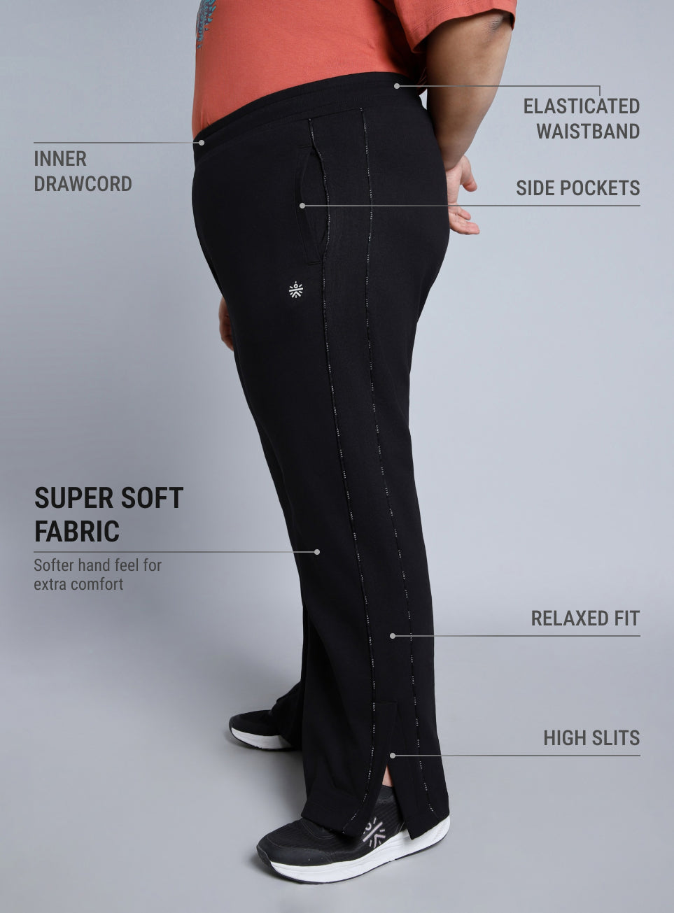 Women's Black Panelled Straight Fit Plus Size Trackpants