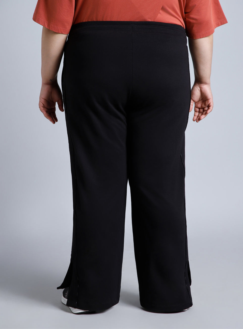 Women's Black Panelled Straight Fit Plus Size Trackpants
