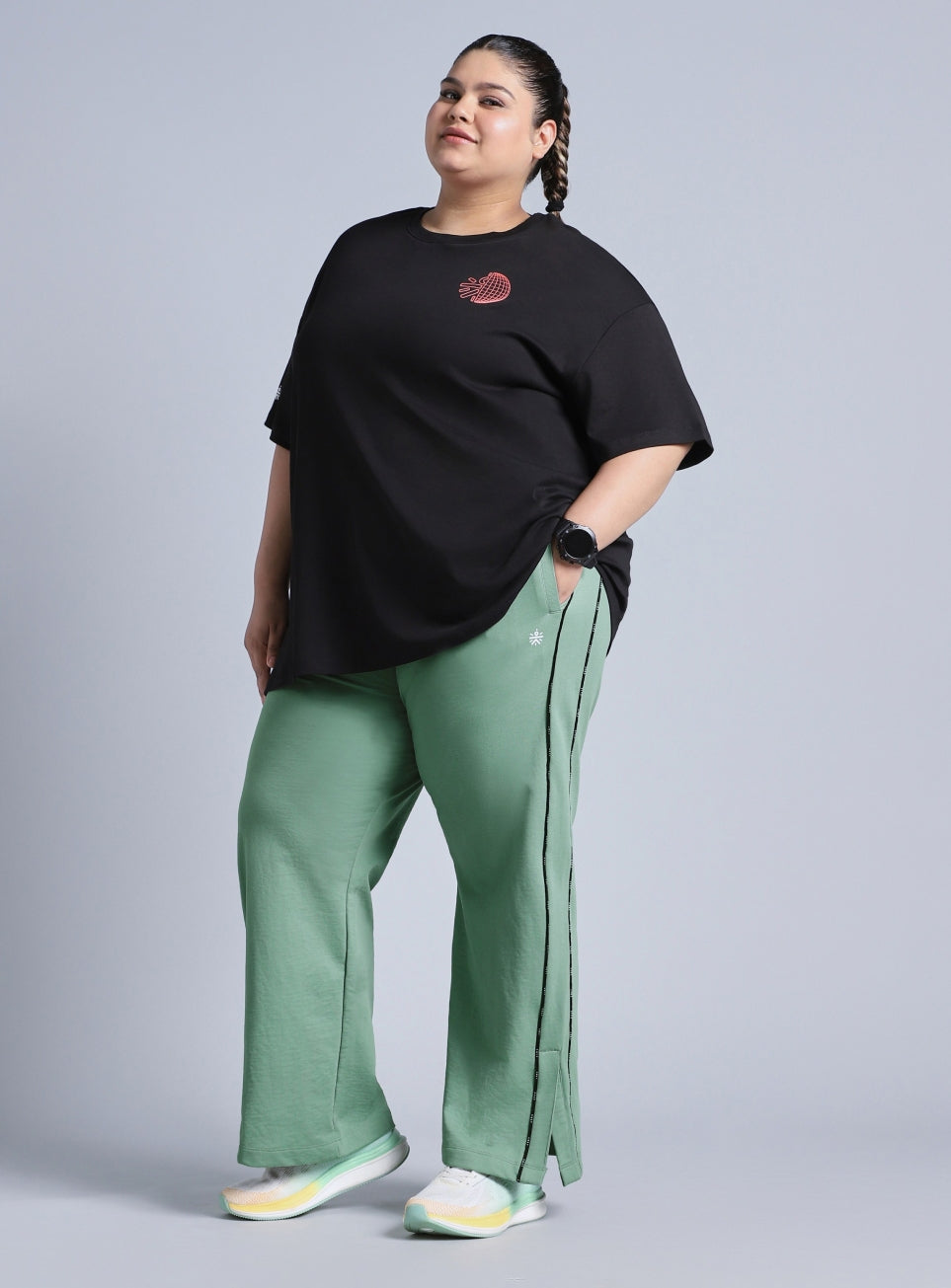 Women's Green Panelled Straight Fit Plus Size Trackpants