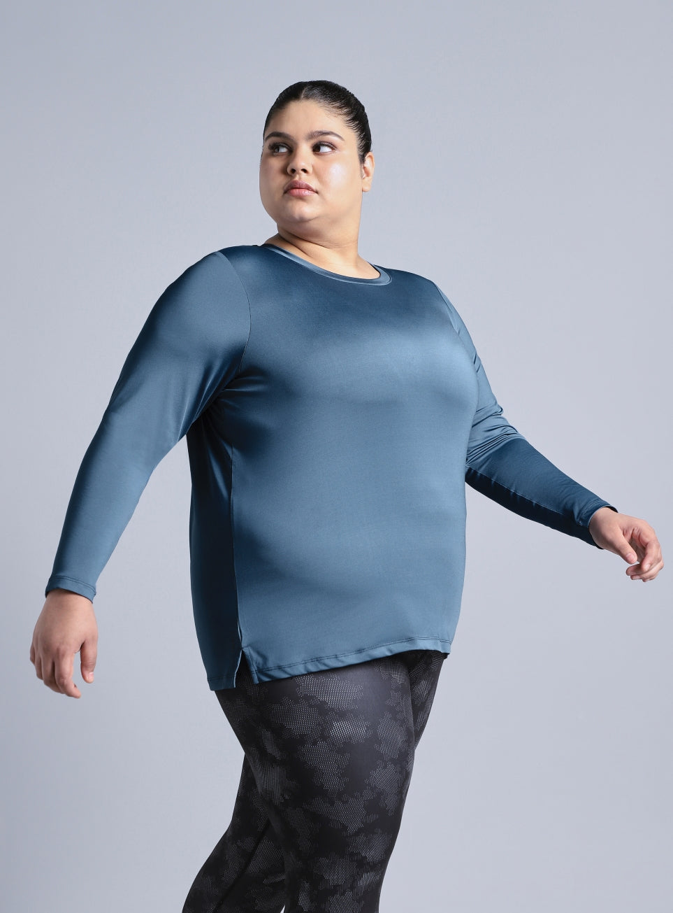 Women's Blue Full Sleeve Plus Size Training T-shirt