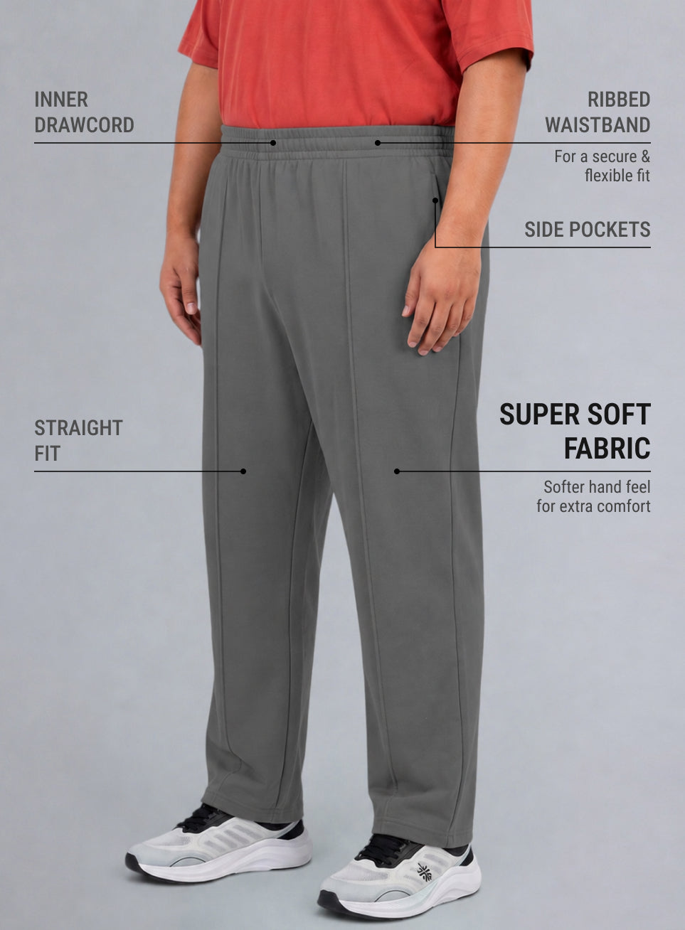 Men's Grey All Day Play Plus Size Straight Fit Trackpants