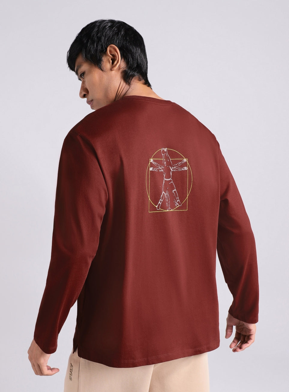 Men's Maroon V-man Relaxed Fit Full Sleeve T-shirt