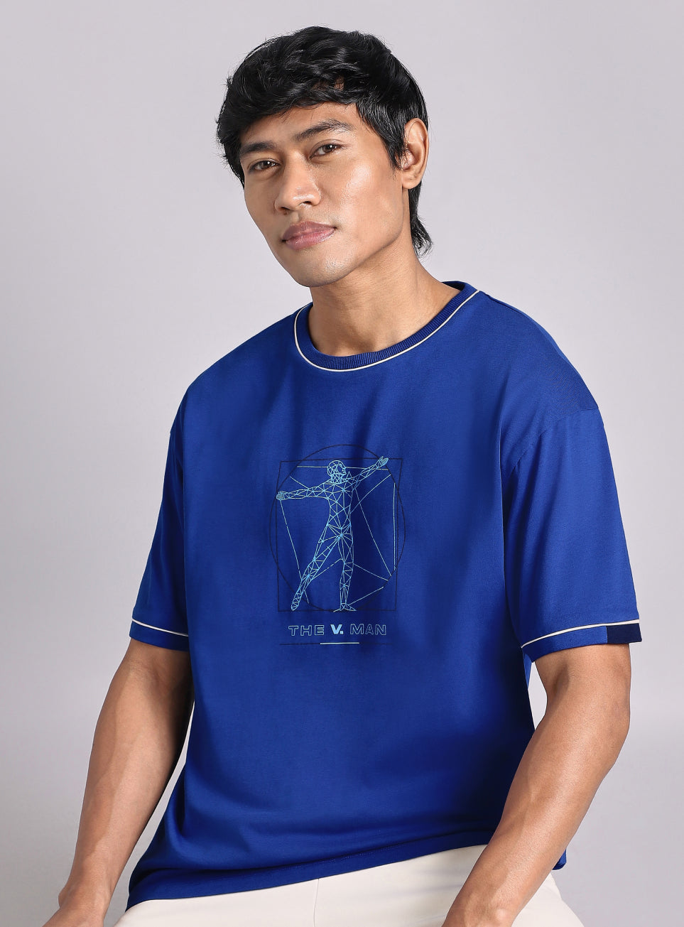Men's Blue V-Man Relaxed Fit Graphic T-Shirt