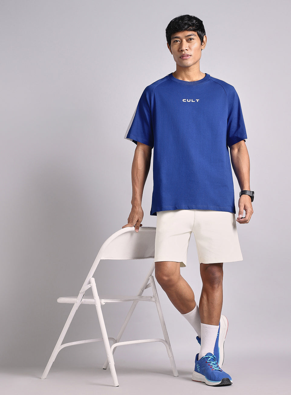 Men's Blue V-man Motion panel Oversized fit T-shirt