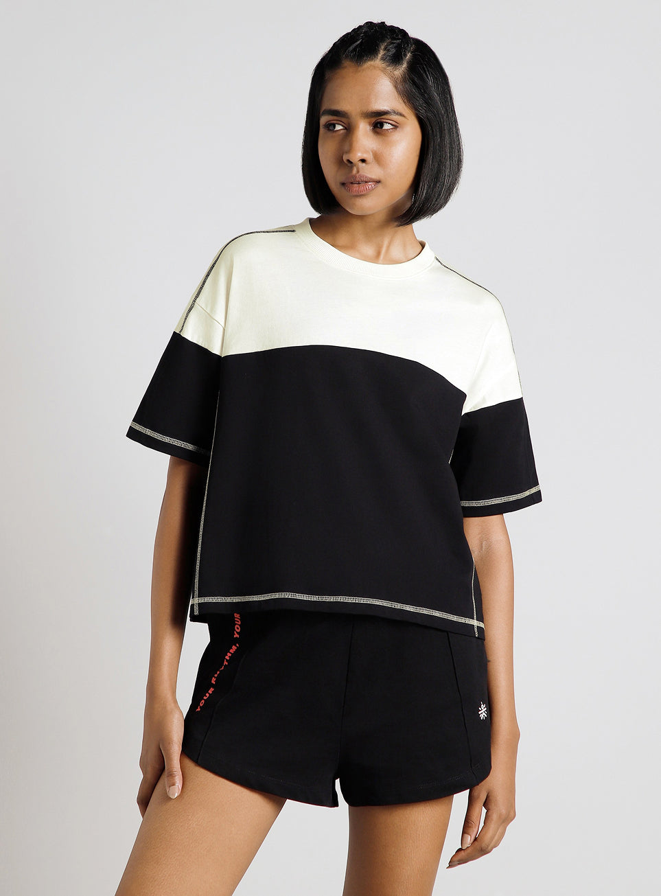 Women's Black Colourblocked Boxy Fit T-shirt