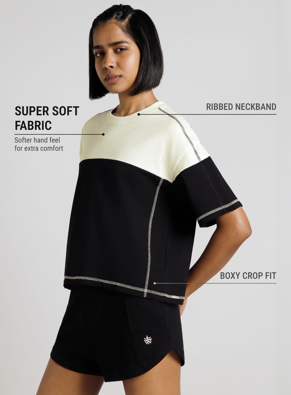Women's Black Colourblocked Boxy Fit T-shirt