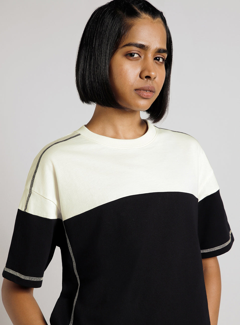 Women's Black Colourblocked Boxy Fit T-shirt