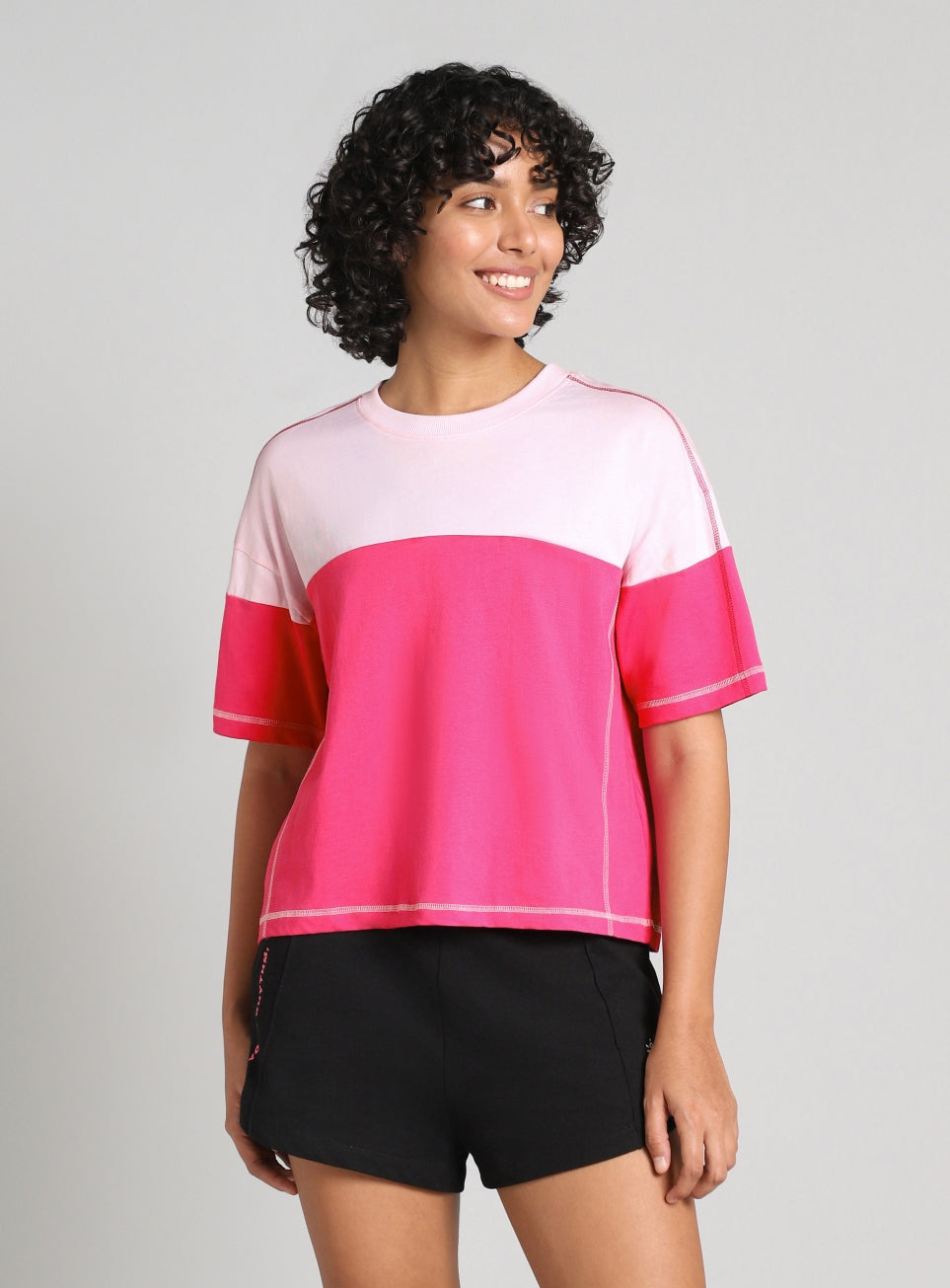 Women's Purple Colourblocked Boxy Fit T-shirt