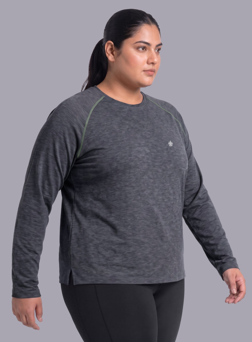 Women's Dark Grey Training Fullsleeve Plus Size Comfortech T-shirt