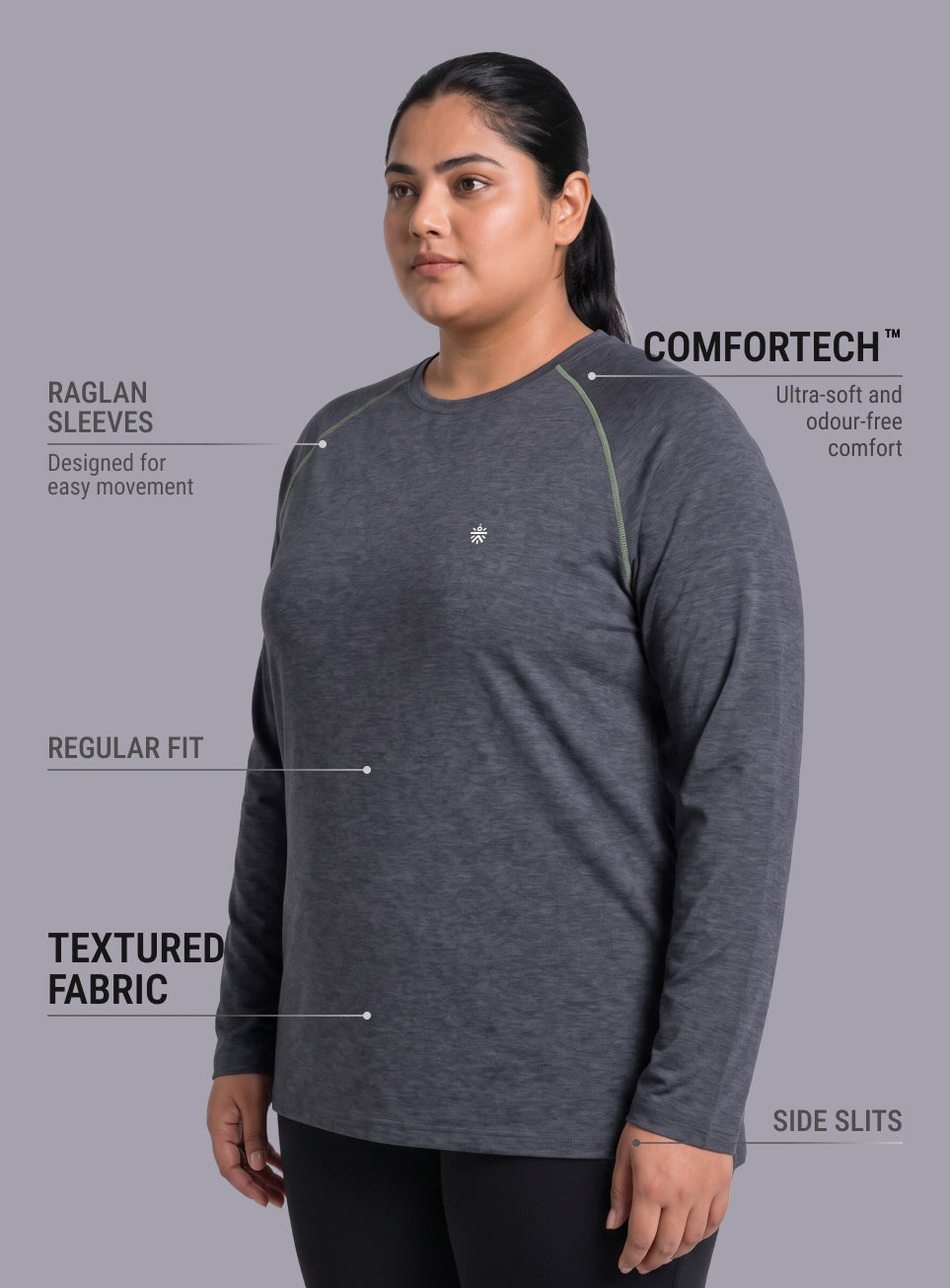 Women's Dark Grey Training Fullsleeve Plus Size Comfortech T-shirt