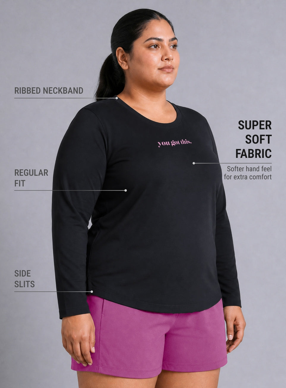 Women's Black Fullsleeve Printed Plus Size T-shirt