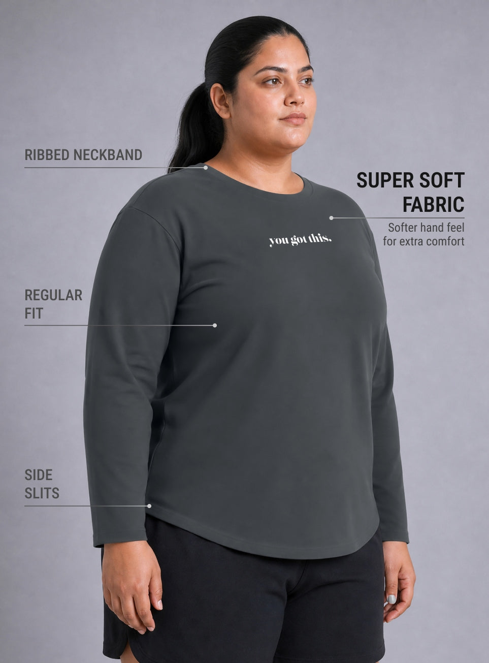 Women's Grey Fullsleeve Printed Plus Size T-shirt