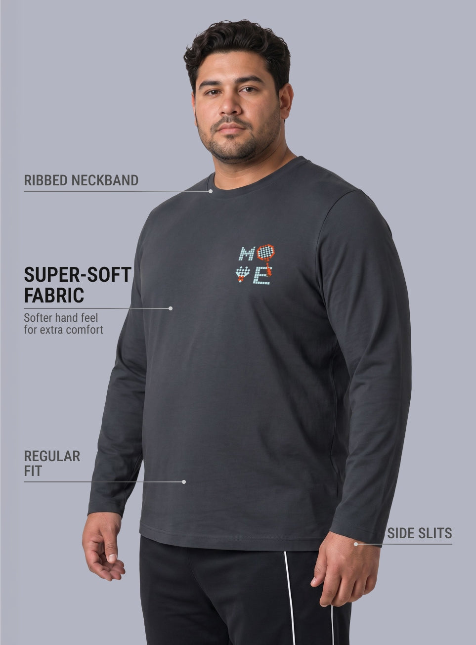 Men's Grey Move print Full sleeve Plus size T-shirt