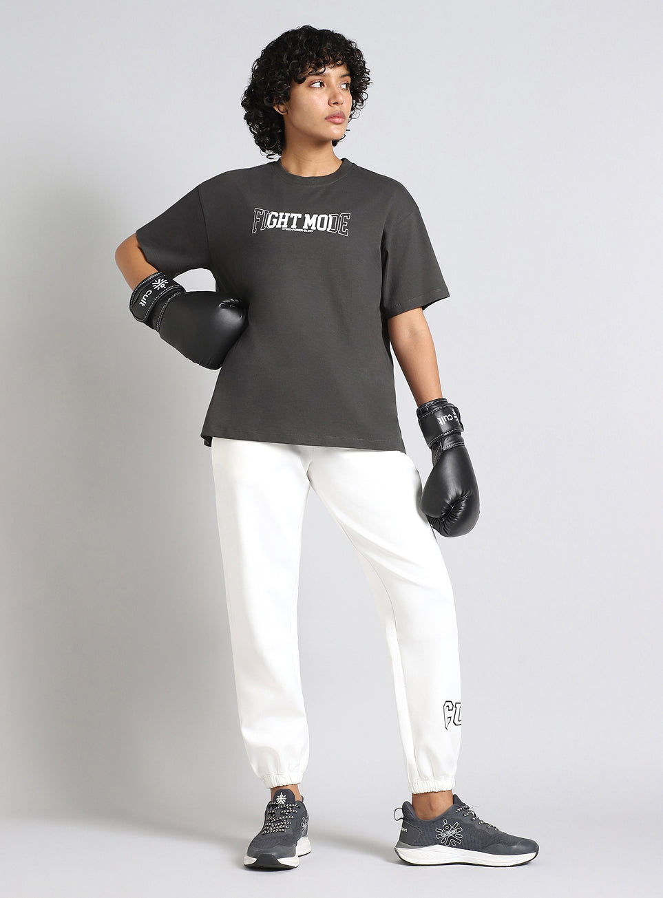 Women's Grey Fight Mode Combat Training Oversized T-shirt
