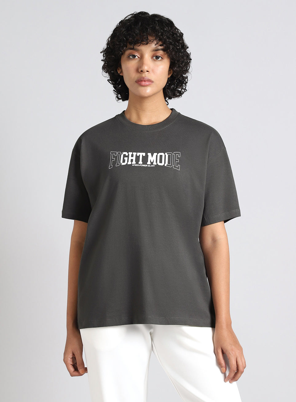 Women's Grey Fight Mode Combat Training Oversized T-shirt