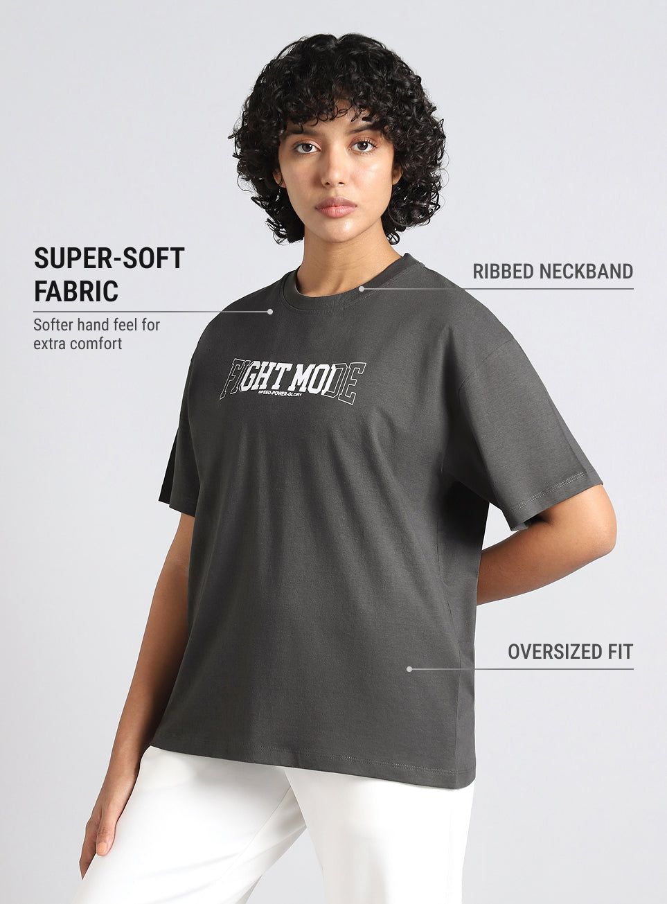Women's Grey Fight Mode Combat Training Oversized T-shirt