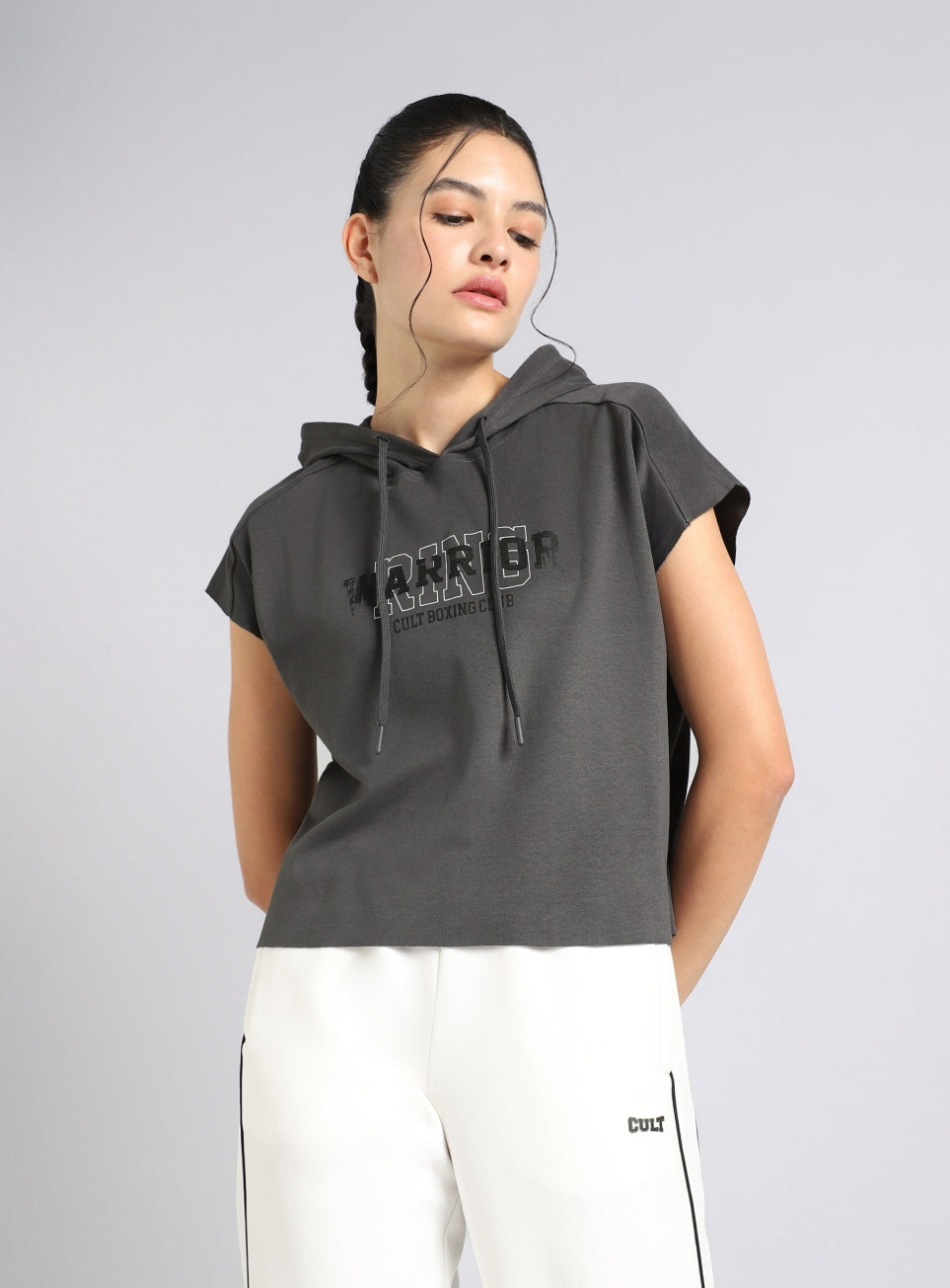 Women's Grey Combat Training Hoodie Boxy Fit T-Shirt