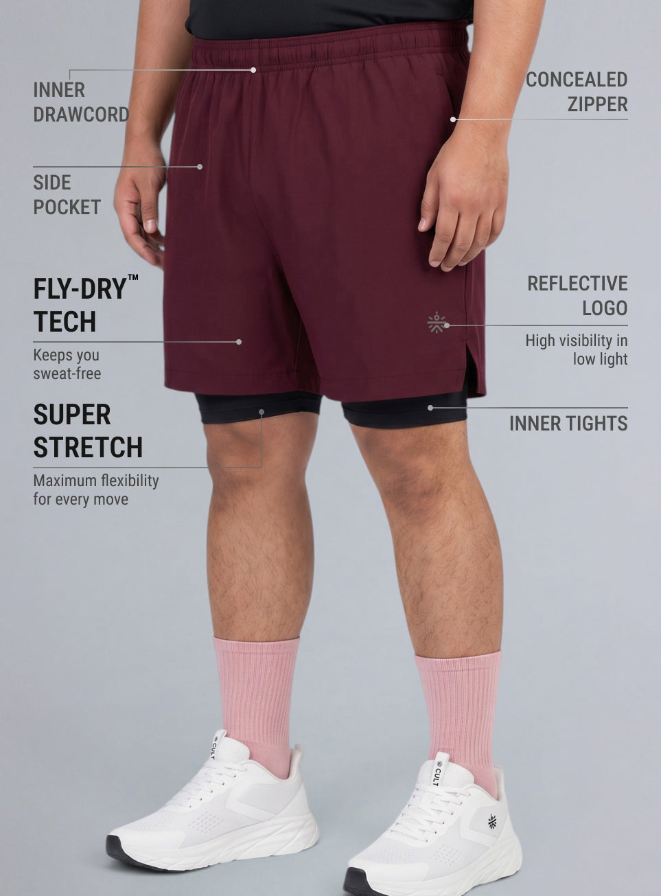 Men's Maroon Running Plus Size In-Built Shorts