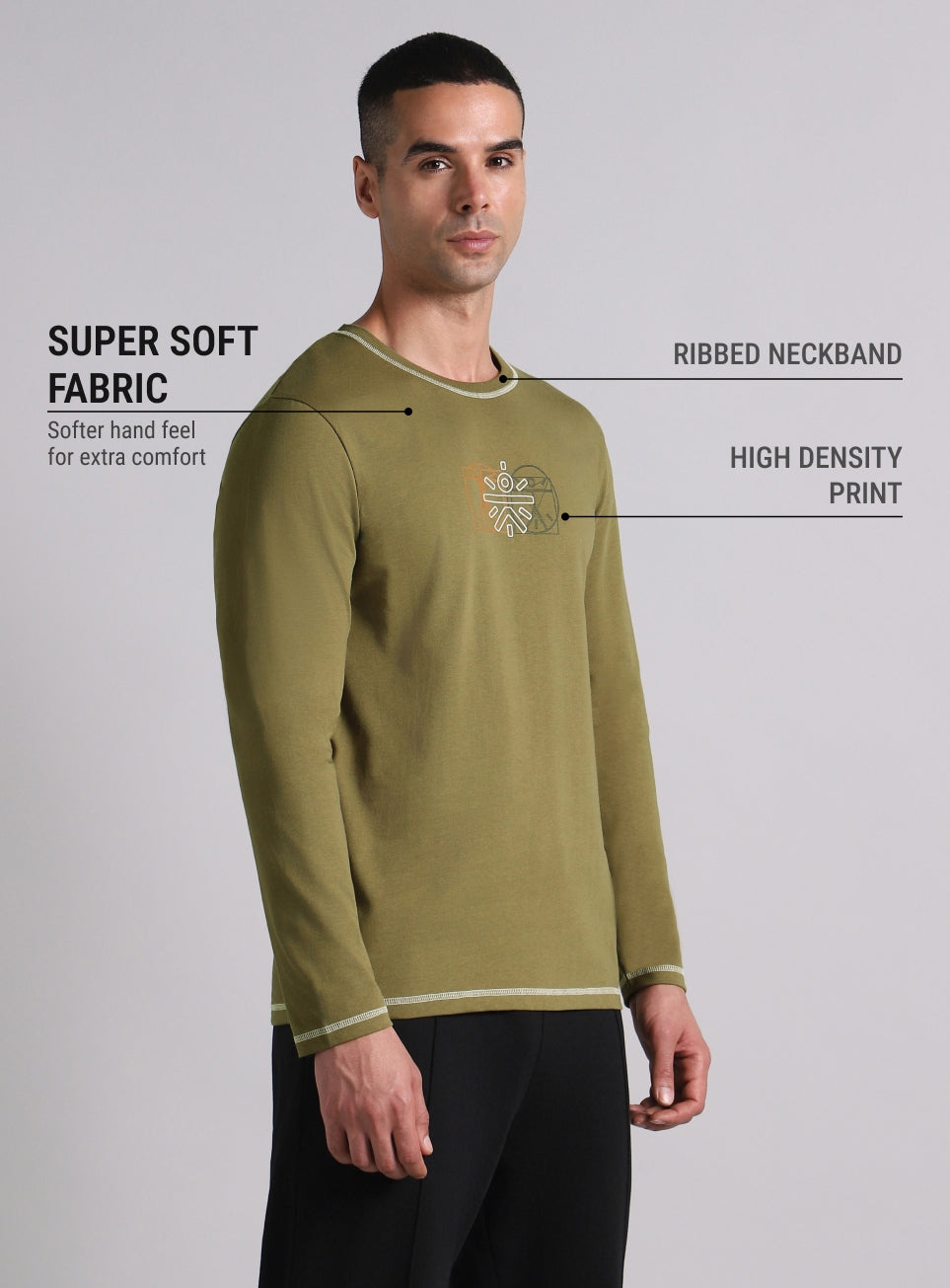 Men's Olive V-Man Cult Graphic Full Sleeve T-shirt