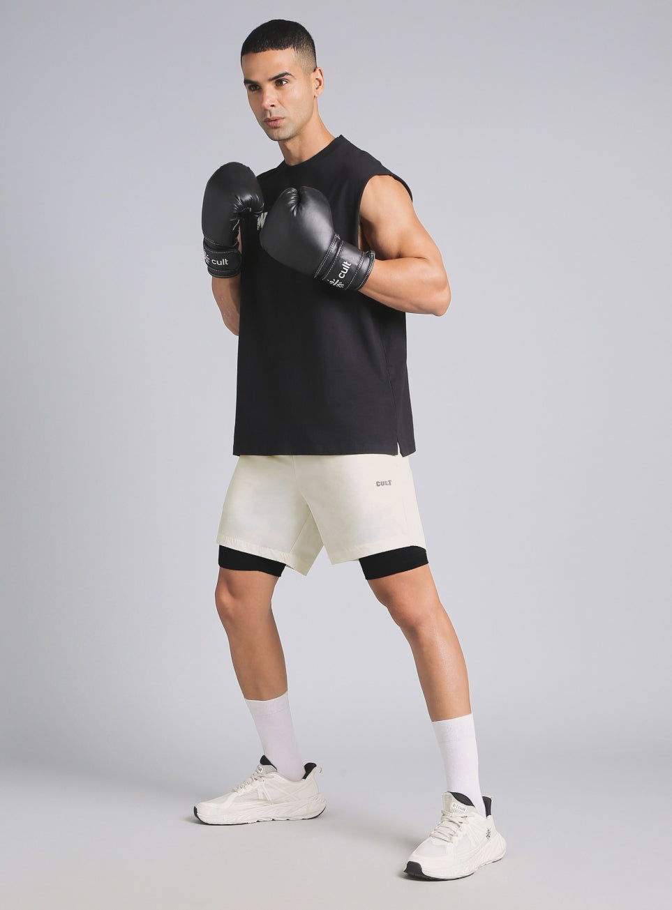 Men's White Combat Training Shorts with Inbuilt Tights