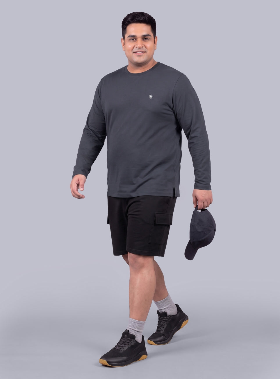 Men's Dark Grey Cult Play Solid Sleeve Plus Size T-shirt