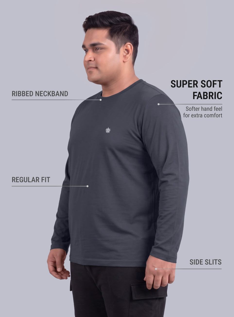 Men's Dark Grey Cult Play Solid Sleeve Plus Size T-shirt