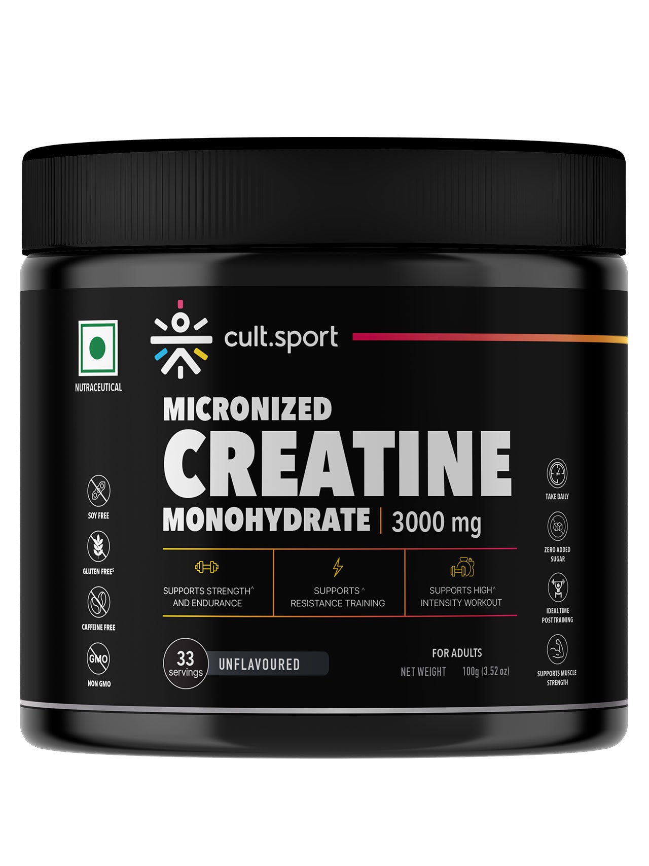Cultsport Creatine Monohydrate  100 g | Micronised | 100% Vegetarian | Unflavoured |  Dairy-Free | Gluten-Free