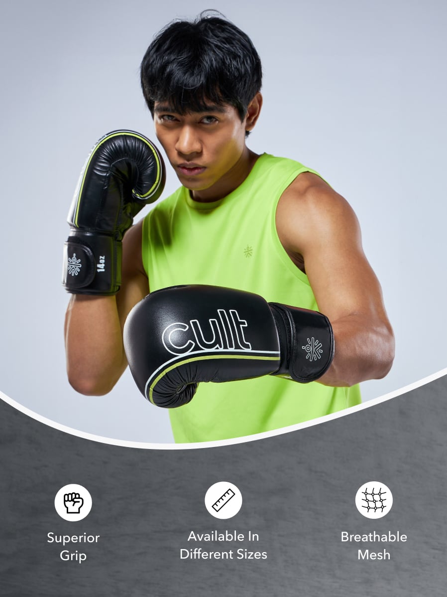cult Premium Leather Boxing Gloves for Men & Women Foam Padding Thickness 35 mm Punching Bag Gloves for Boxing, Training, Kickboxing, Muay Thai, MMA Boxing Gloves Black & Green