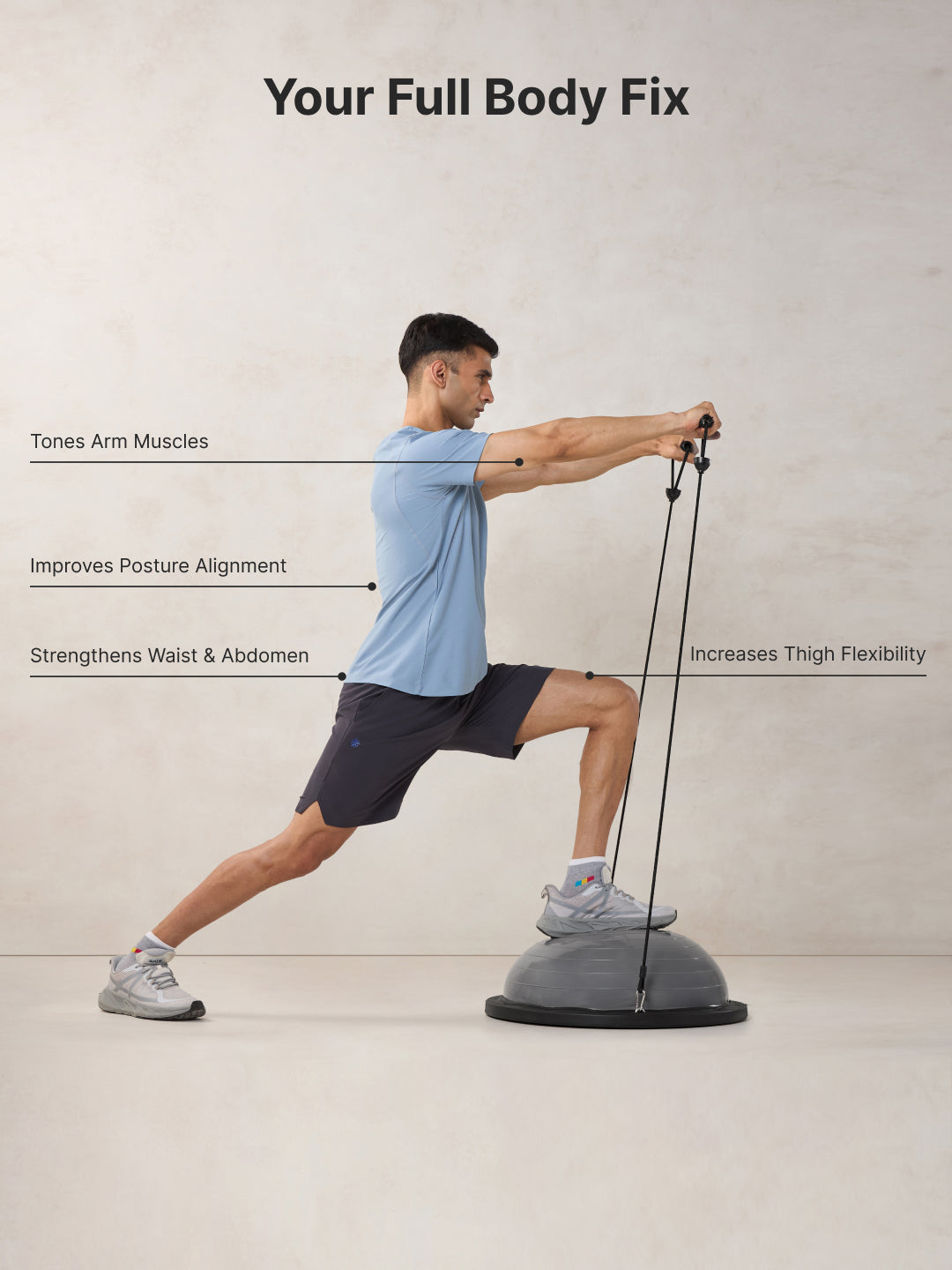 Cult Half Balance Ball Trainer for Full Body Workout with Pair of Resistance Bands and Pump | Anti-Slip Stability Ball| Core Strength, Balance, and Stability Training Equipment for Home Gym & Fitness Workouts