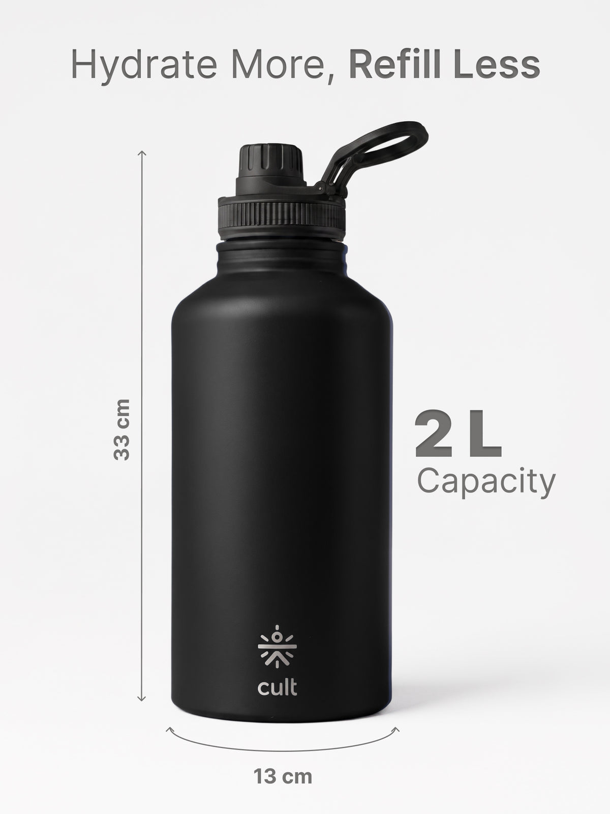CULT 2 Litre Stainless Steel Water Bottle – 2000ml Leakproof Gym Hydration Jug with Sports Cap - Black