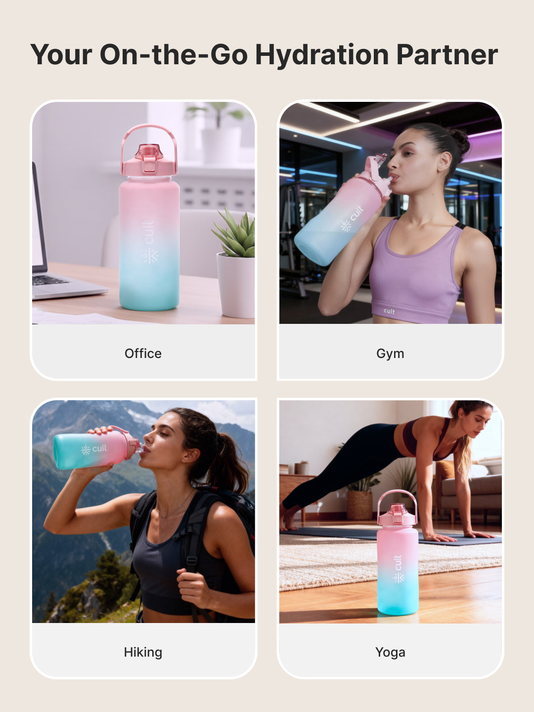 CULT Motivational Water Bottle 2L with Time Marker & Straw Large BPA-Free Gym Sipper Bottle, Portable Sports Water Bottle for Men & Women (Pink Blue)