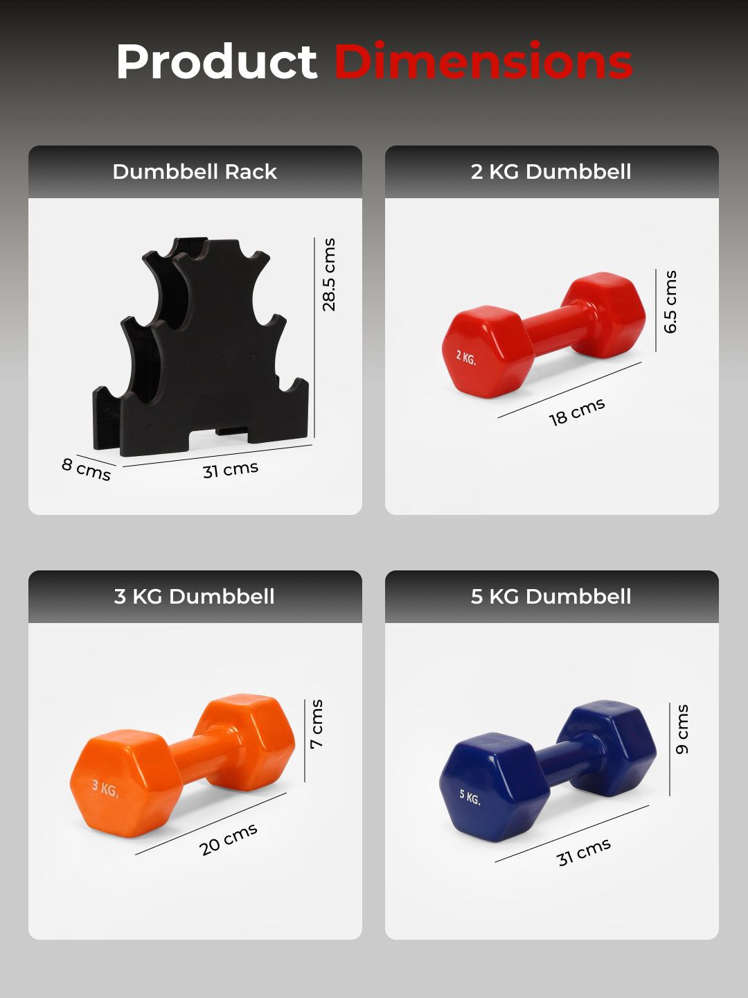 Cult Vinyl Dumbbells Combo for Home Gym Exercise (2kg + 3kg + 5kg Set) 20kg | Dumbbells with Rack