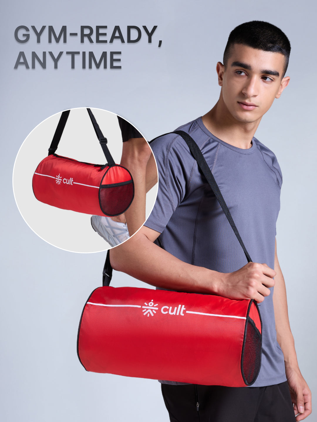 Compact 12L Gym Bag with Shoulder Strap Red & 600ml Shaker Bottle with Mixer Ball Blue