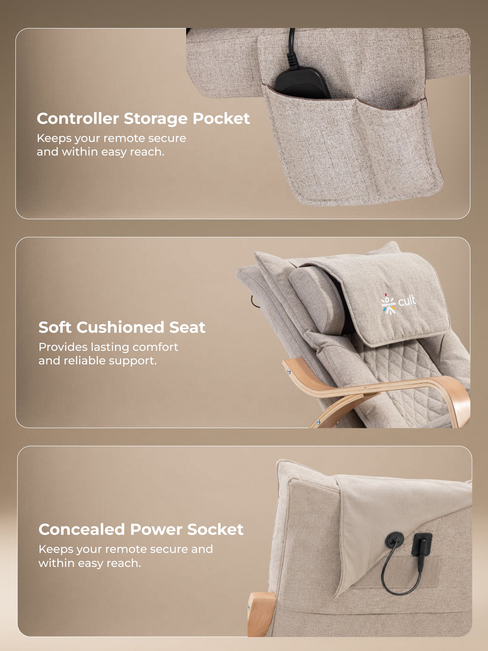 Cult Rocking Recliner Massage Chair | 2-in-1 Massage & Rocking Chair | S-Track Full Body Massage | 135° Recline | 5-Level Adjustable Leg Rest | Waist Heating | Remote Control | Vibration Massage