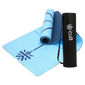 Cult TPE Yoga Mat 6mm   Non-Toxic, Latex-Free, Eco-Friendly, Tear-Resistant, Non-Slip Exercise Mat with Extra Cushioning , Carry Strap and Bag   Ideal for Yoga, Pilates, Meditation & Fitness - Blue with Alignment Marking